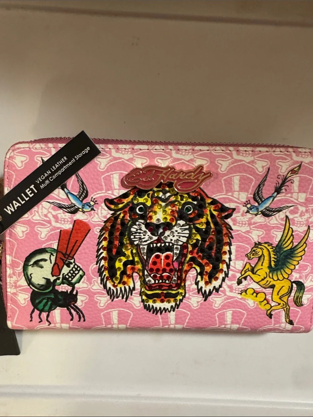 Ed Hardy Pink Vegan Leather Zip Wallet with Multicolor Tiger & Tattoo Motifs
